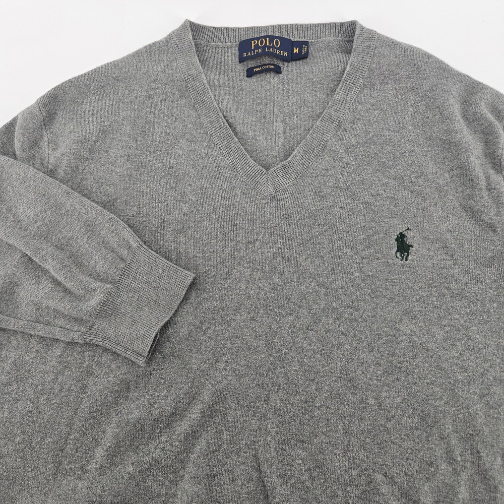 Polo Ralph Lauren Mens Grey Pima Cotton V-Neck Sweater Size M